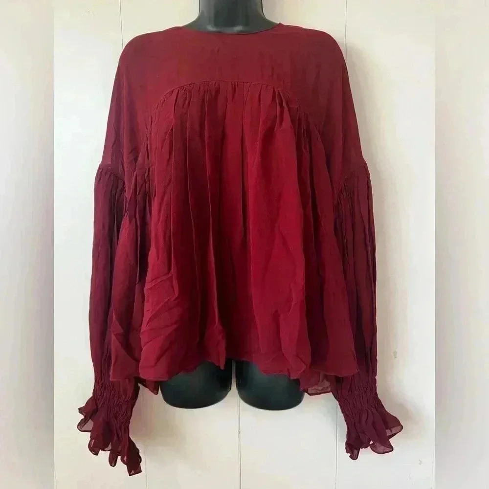 Elegant Burgundy Women's Blouse mulberry silk size XXL EUC